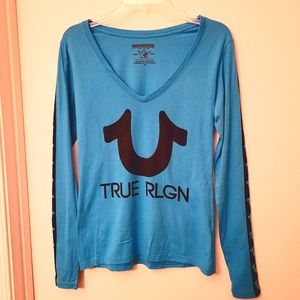 True Religion Bright Blue Horseshoe Pride Long Sleeve V Neck Tee, Size S